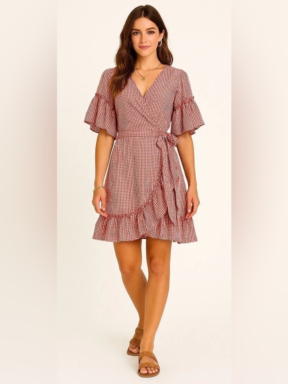 Max Studio Red Gingham Wrap Dress with Ruffle Details